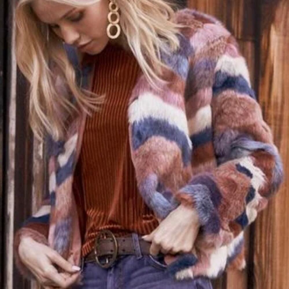 BAND OF GYPSIES | Chevron Faux Fur Open Front Jacket Coat Rust | Size Large